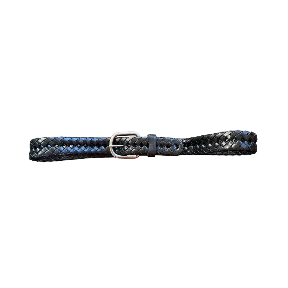 Black Braided Leather Belt Silver Buckle Woven Strap RN130275 Size Small